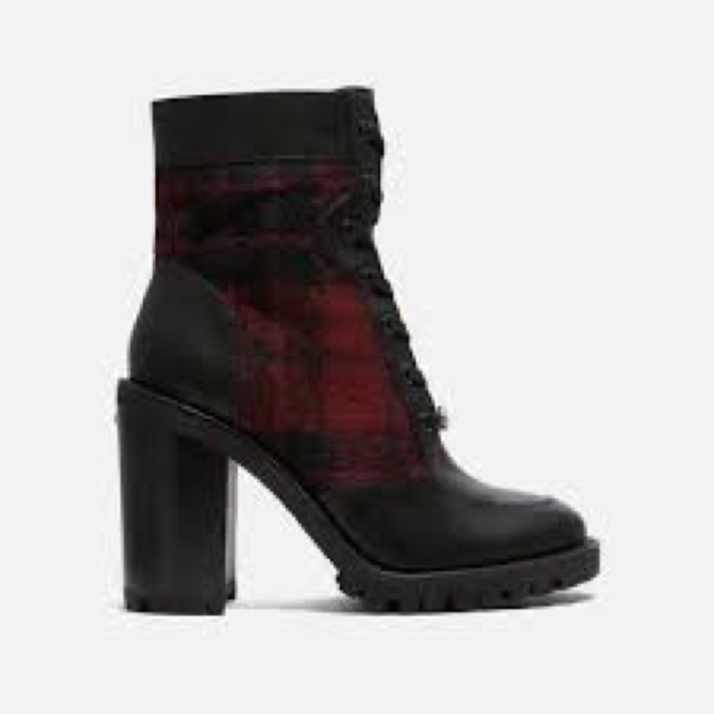 Coach Hartley Plaid Lace-Up Booties Black Leather & Red Wool Ankle Boots 7B